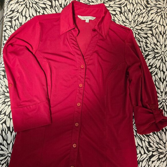 Cleo Wine red Button-up Fitted Shirt with Adjustable Sleeves, Size Medium - Picture 1 of 3